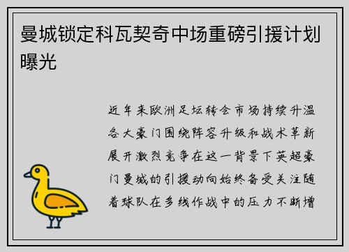 曼城锁定科瓦契奇中场重磅引援计划曝光 曼城锁定科瓦契奇中场重磅引援计划曝光