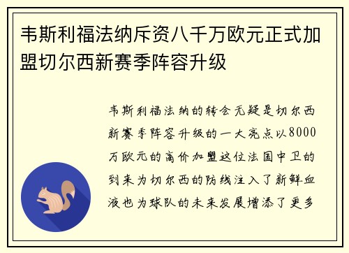 韦斯利福法纳斥资八千万欧元正式加盟切尔西新赛季阵容升级