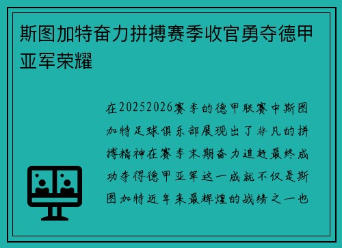 斯图加特奋力拼搏赛季收官勇夺德甲亚军荣耀