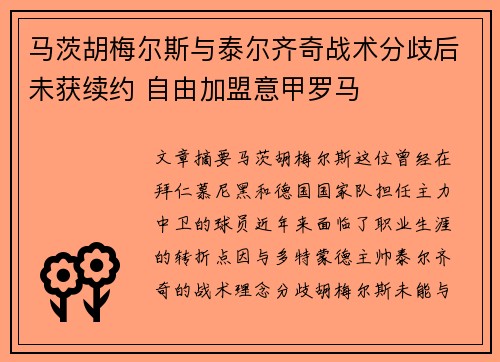 马茨胡梅尔斯与泰尔齐奇战术分歧后未获续约 自由加盟意甲罗马